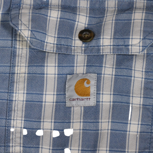Carhartt Button Down Shirt Men Small Blue Plaid Loose Fit Cotton Flap Pockets - Picture 3 of 16
